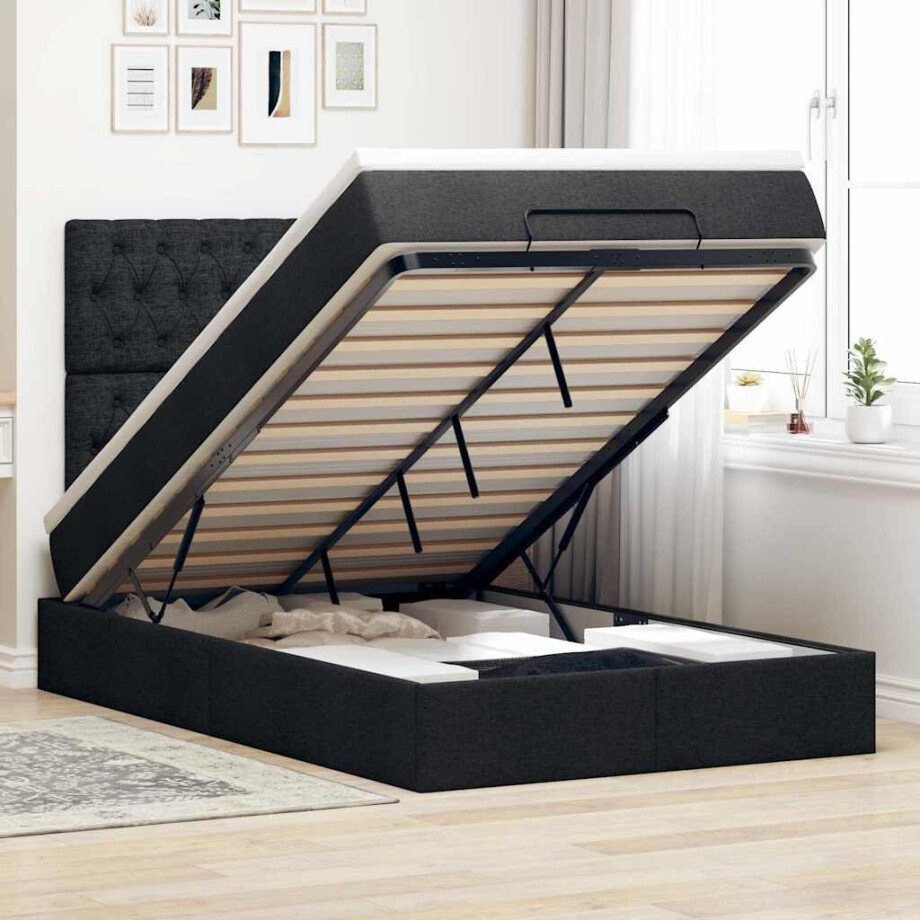 vidaXL Ottoman bed met matras en LED's 120x190 cm stof zwart vidaXL Ottoman bed met matras en LED's 120x190 cm stof zwart afbeelding 1