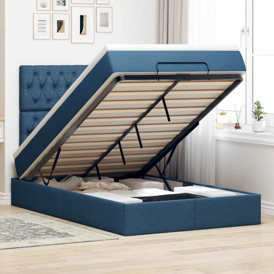 vidaXL Ottoman bed met matras en LED's 120x190 cm stof blauw vidaXL Ottoman bed met matras en LED's 120x190 cm stof blauw afbeelding 1