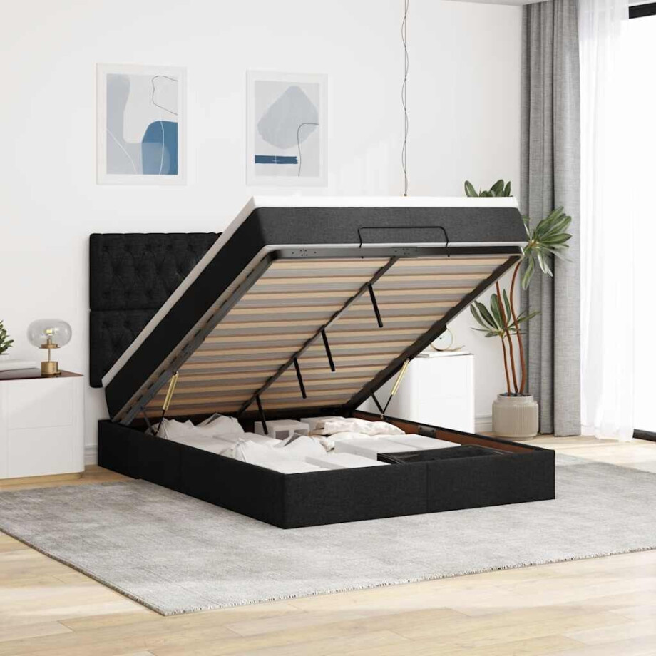 vidaXL Ottoman bed met matras en LED's 140x190cm stof zwart afbeelding 1