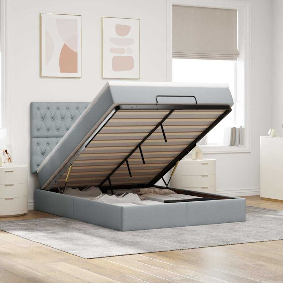 vidaXL Ottoman bed met matras en LED's 140x200cm stof lichtgrijs afbeelding 1