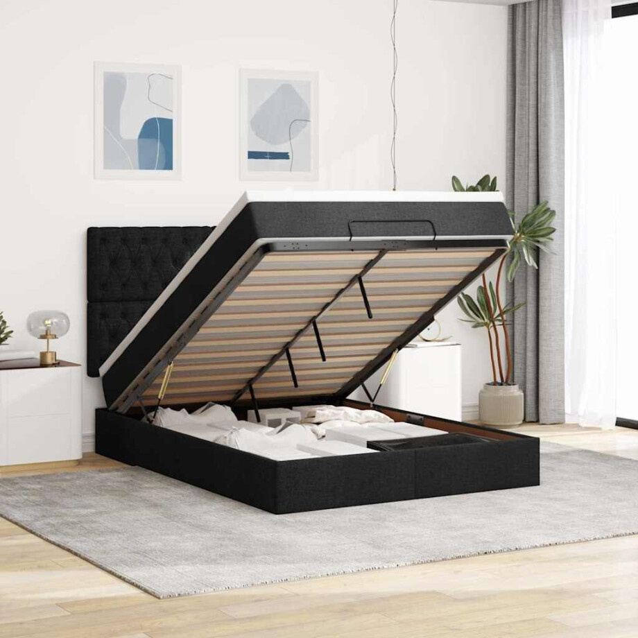 vidaXL Ottoman bed met matras en LED's 140x200cm stof zwart afbeelding 1