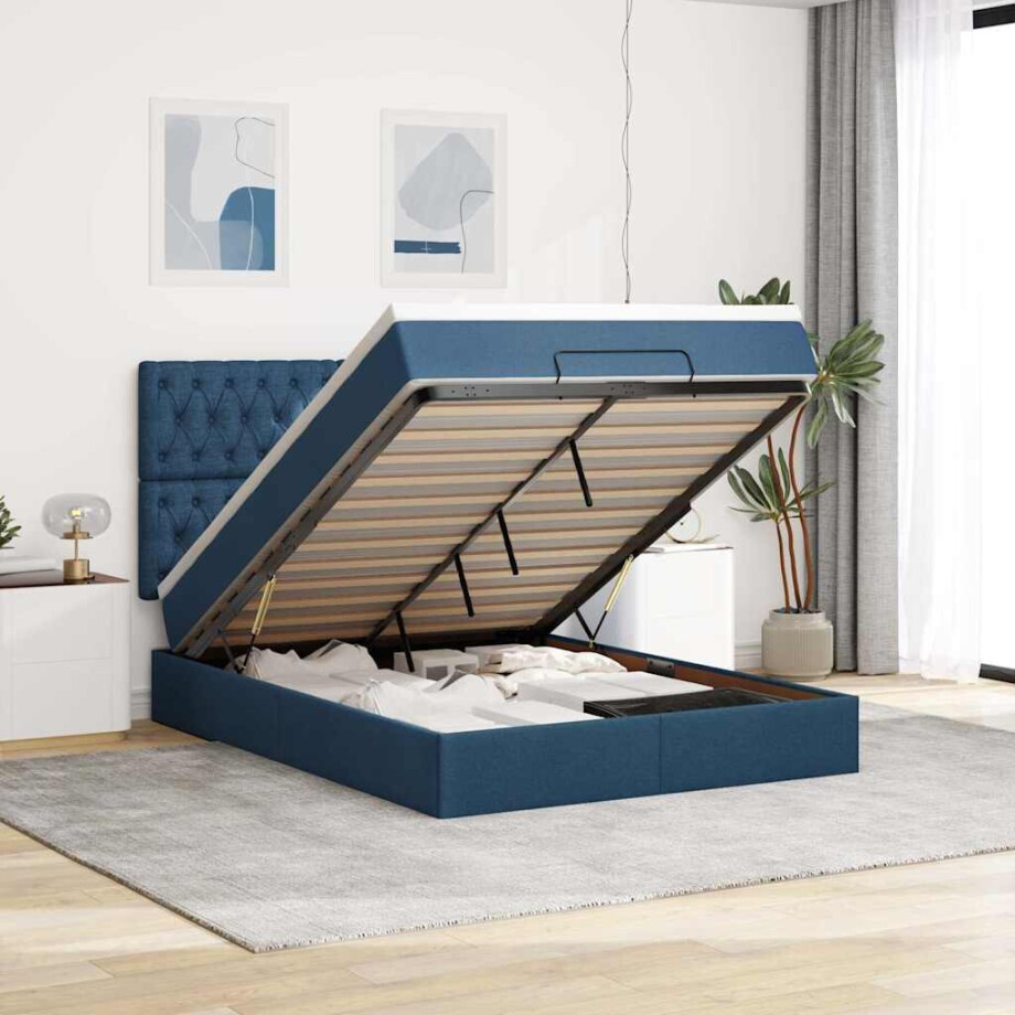 vidaXL Ottoman bed met matras en LED's 140x200cm stof blauw vidaXL Ottoman bed met matras en LED's 140x200cm stof blauw afbeelding 1