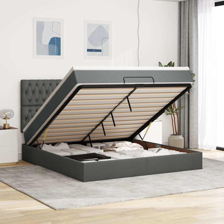 vidaXL Ottoman bed met matras en LED's 160x200cm stof donkergrijs afbeelding 1