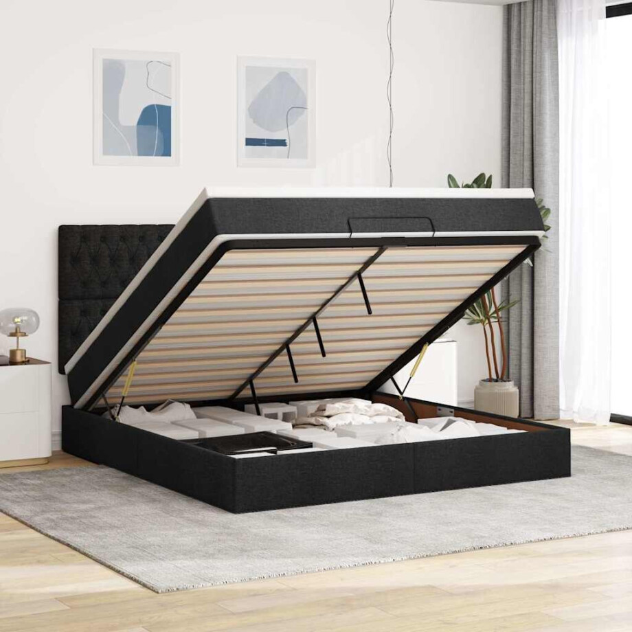 vidaXL Ottoman bed met matras en LED's 160x200cm stof zwart vidaXL Ottoman bed met matras en LED's 160x200cm stof zwart afbeelding 1