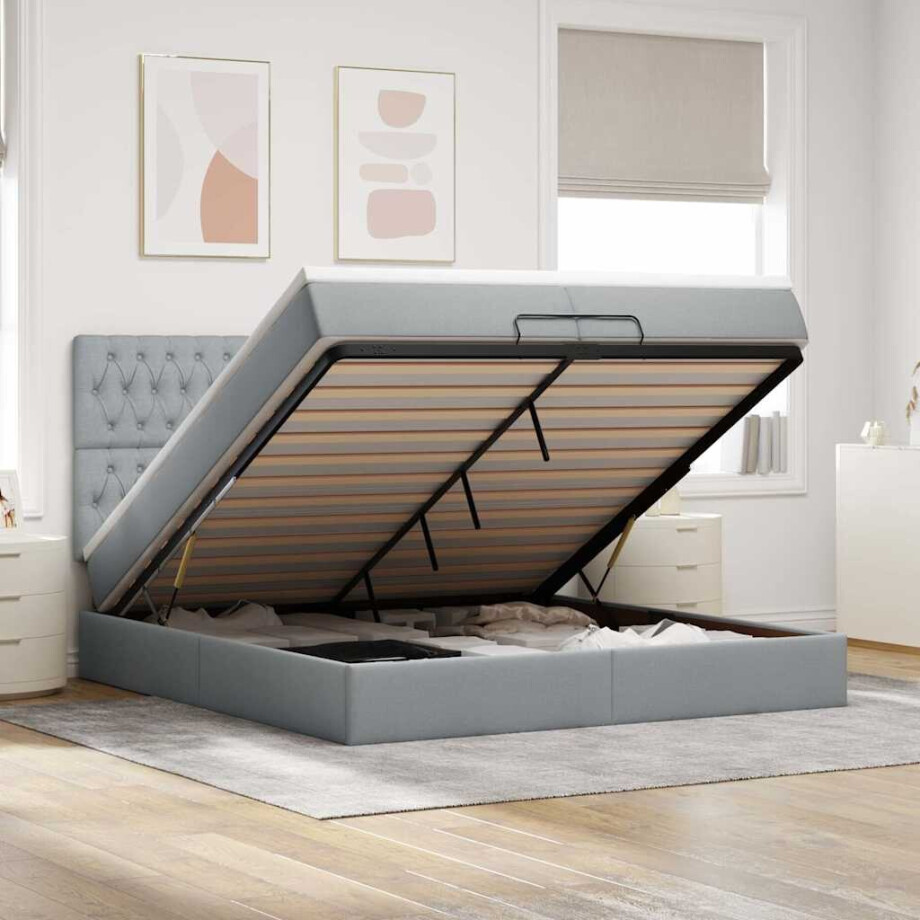 vidaXL Ottoman bed met matrassen en LED's 200x200cm stof lichtgrijs vidaXL Ottoman bed met matrassen en LED's 200x200cm stof lichtgrijs afbeelding 1