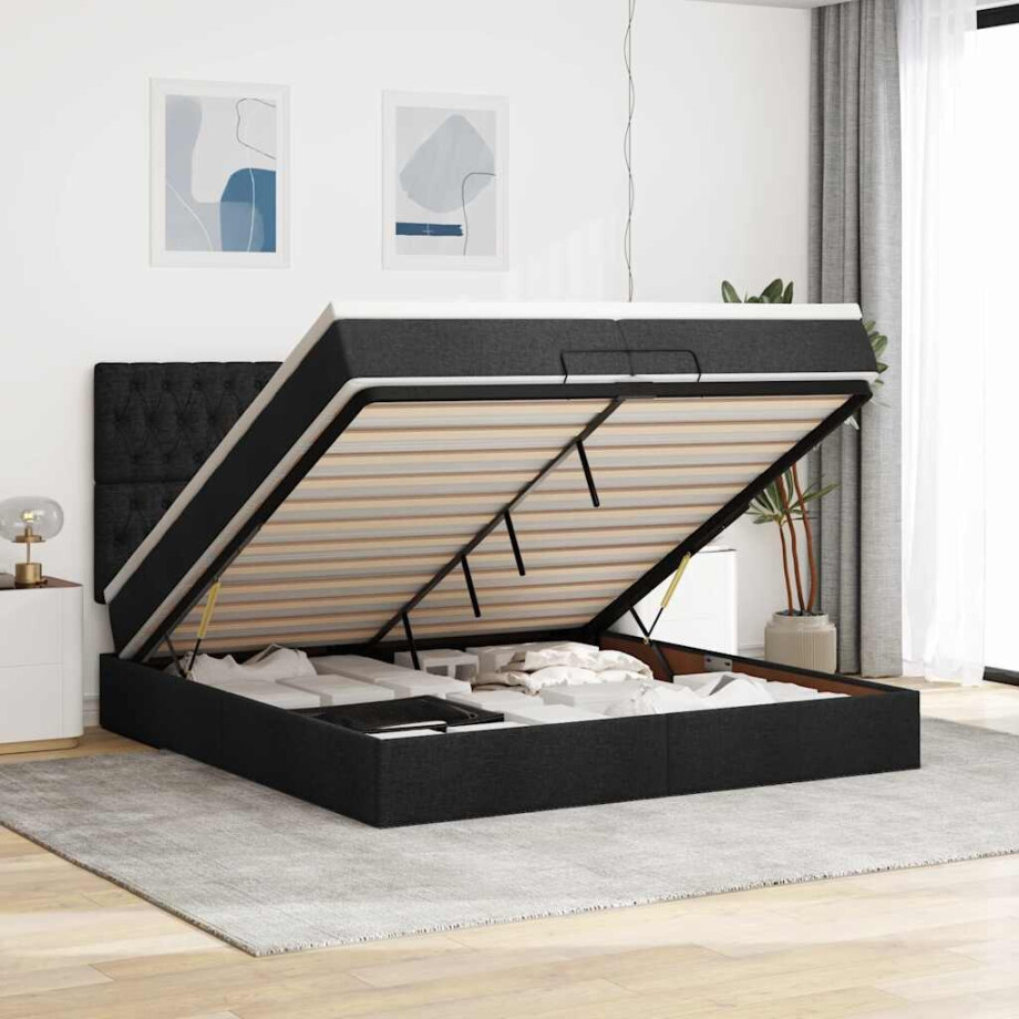 vidaXL Ottoman bed met matrassen en LED's 200x200cm stof zwart afbeelding 1