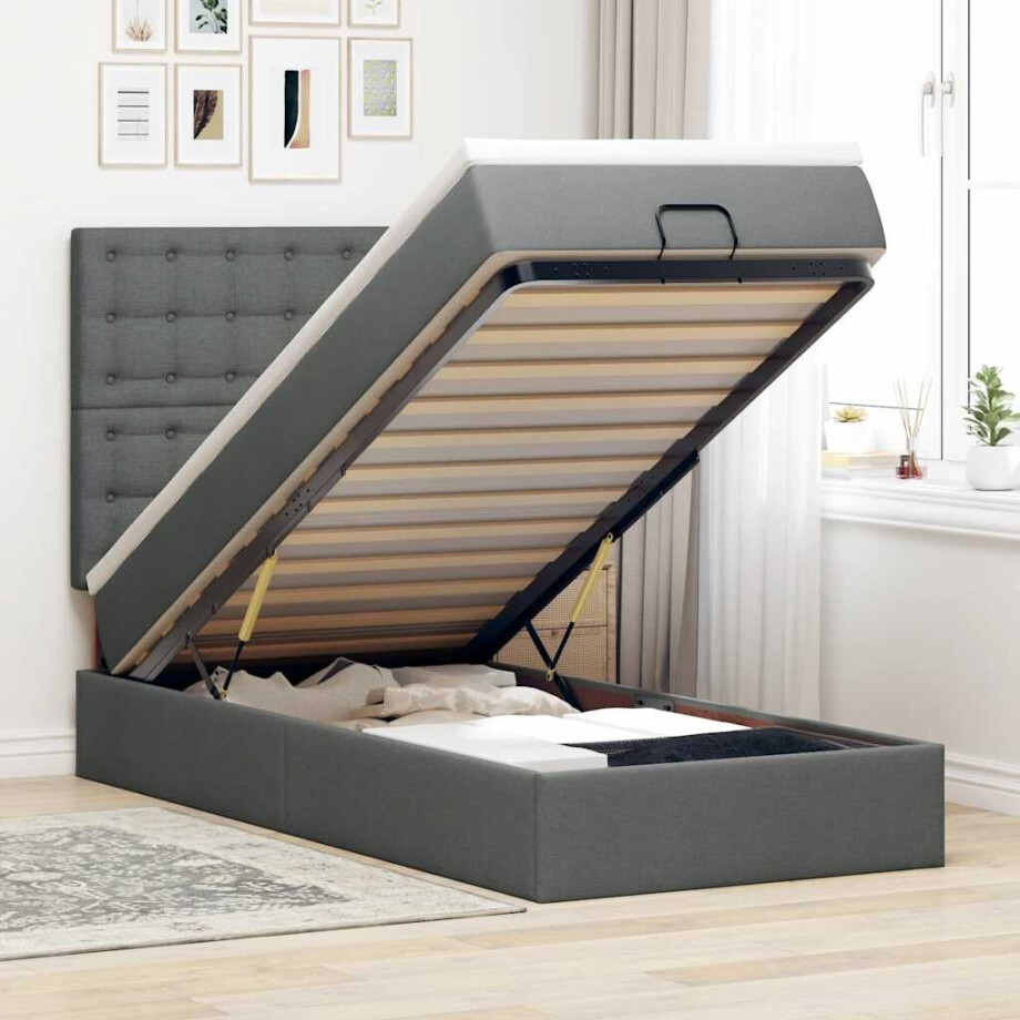 vidaXL Ottoman bed met matras en LED's 100x200cm stof donkergrijs afbeelding 1