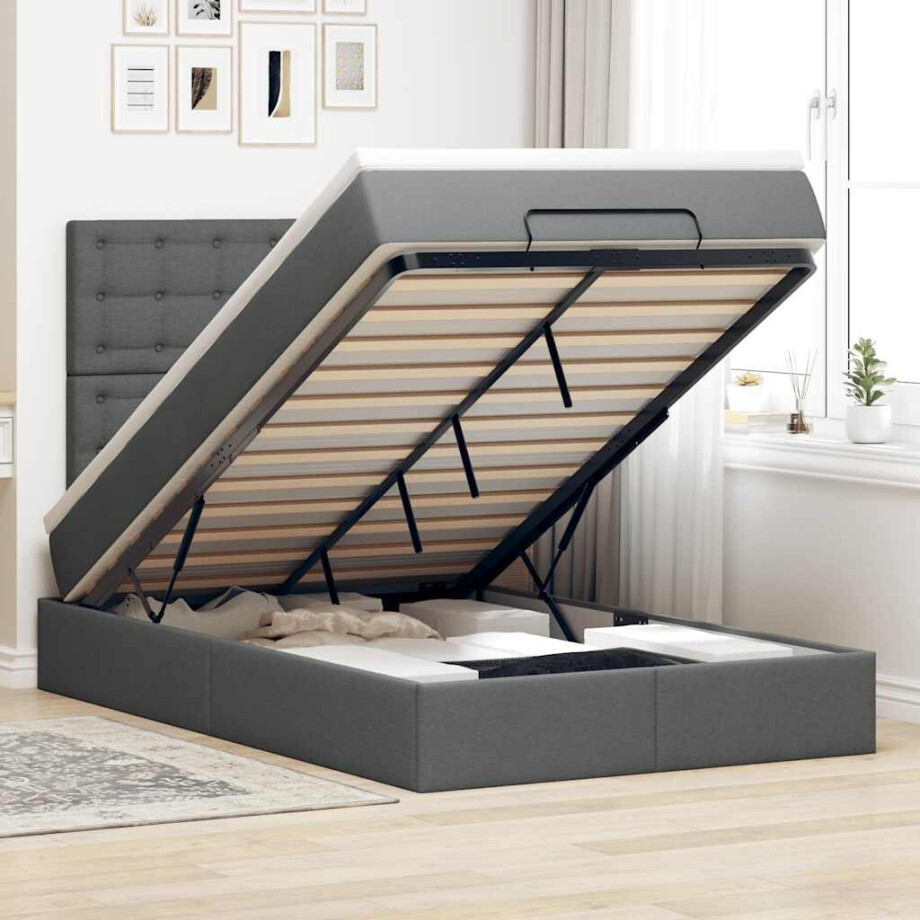 vidaXL Ottoman bed met matras en LED's 120x190 cm stof donkergrijs vidaXL Ottoman bed met matras en LED's 120x190 cm stof donkergrijs afbeelding 1