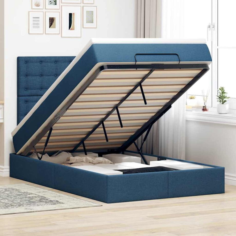 vidaXL Ottoman bed met matras en LED's 120x190 cm stof blauw afbeelding 1