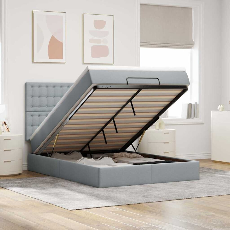 vidaXL Ottoman bed met matras en LED's 140x190cm stof lichtgrijs afbeelding 1