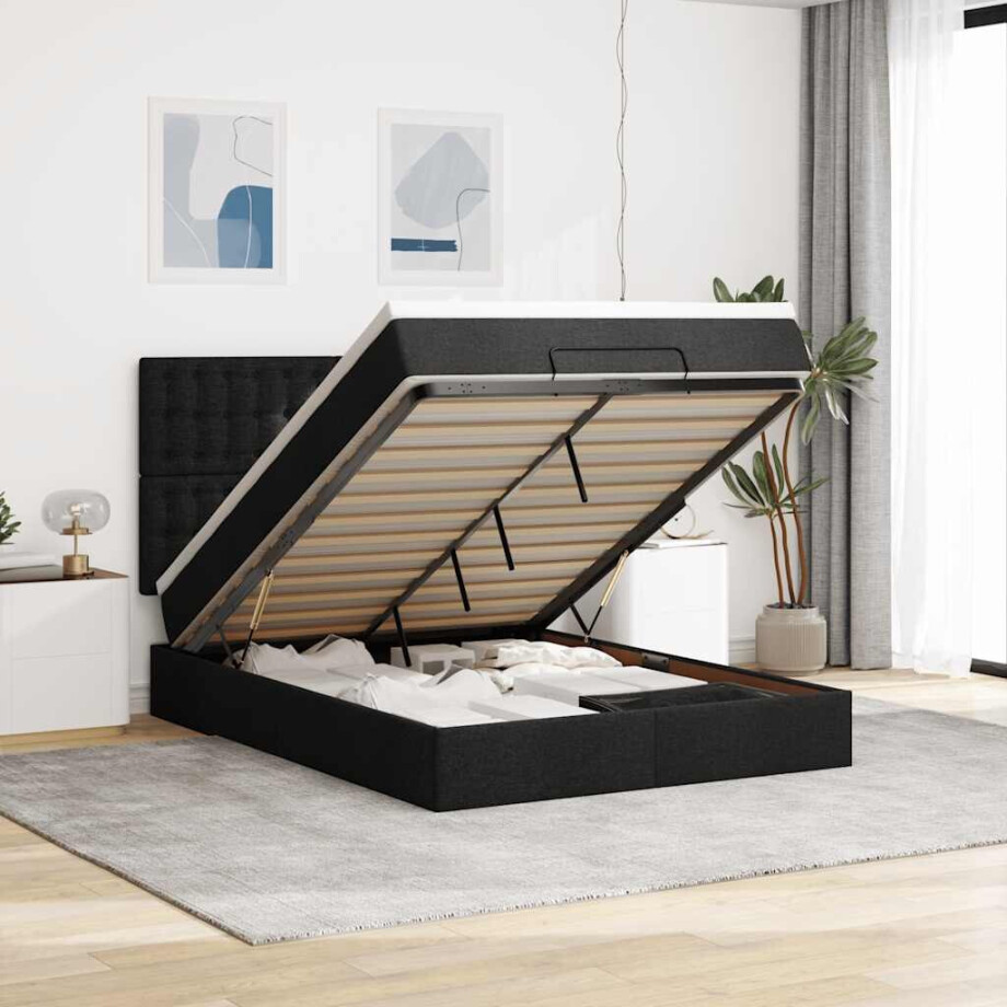 vidaXL Ottoman bed met matras en LED's 140x190cm stof zwart afbeelding 1