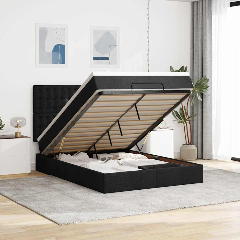 vidaXL Ottoman bed met matras en LED's 140x200cm stof zwart vidaXL Ottoman bed met matras en LED's 140x200cm stof zwart afbeelding 1