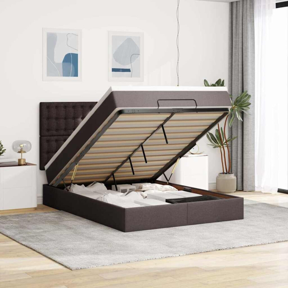 vidaXL Ottoman bed met matras en LED's 140x200cm stof donkerbruin afbeelding 1