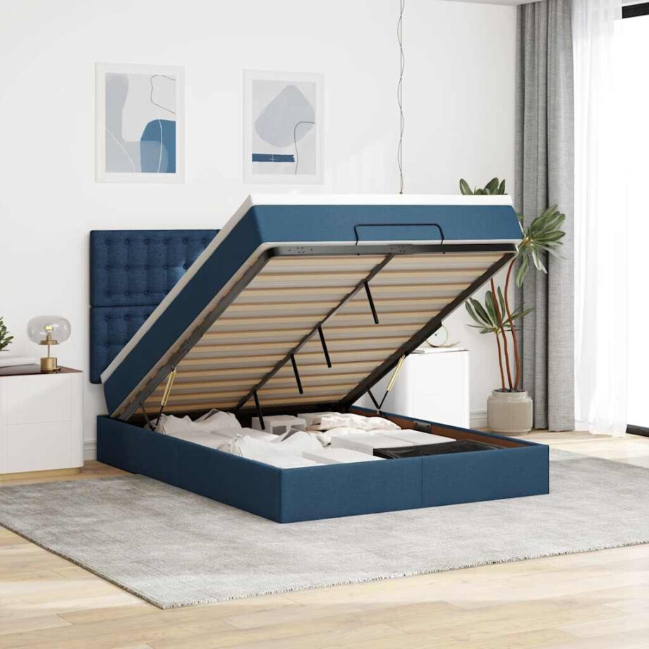 vidaXL Ottoman bed met matras en LED's 140x200cm stof blauw vidaXL Ottoman bed met matras en LED's 140x200cm stof blauw afbeelding 1