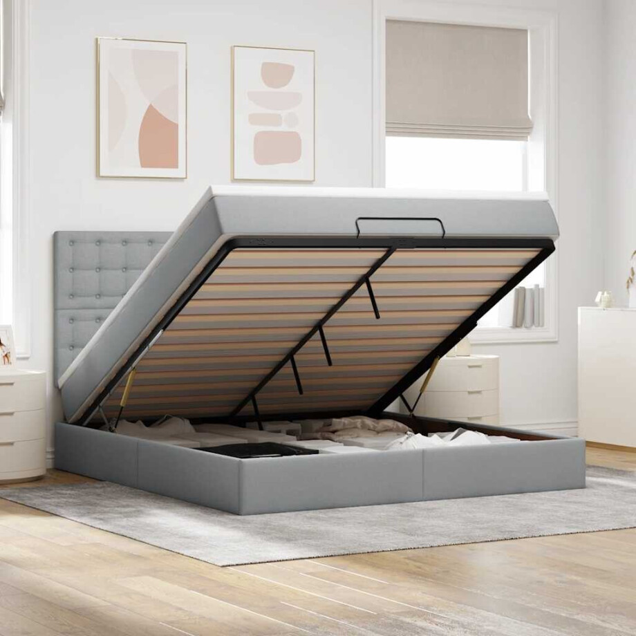 vidaXL Ottoman bed met matras en LED's 160x200cm stof lichtgrijs afbeelding 1