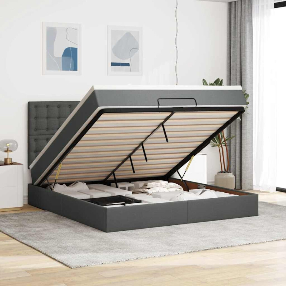 vidaXL Ottoman bed met matras en LED's 180x200cm stof donkergrijs afbeelding 1