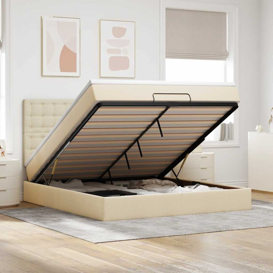 vidaXL Ottoman bed met matras en LED's 180x200cm stof crèmekleurig vidaXL Ottoman bed met matras en LED's 180x200cm stof crèmekleurig afbeelding 1