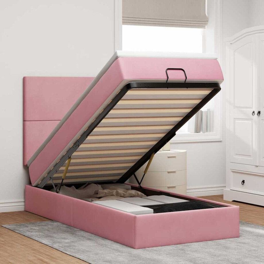 vidaXL Ottoman bed met matrassen en LED's 90x200cm fluweel roze vidaXL Ottoman bed met matrassen en LED's 90x200cm fluweel roze afbeelding 1