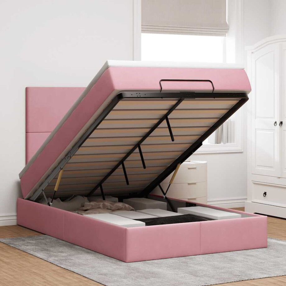 vidaXL Ottoman bed met matrassen en LED's 120x200cm fluweel roze vidaXL Ottoman bed met matrassen en LED's 120x200cm fluweel roze afbeelding 1