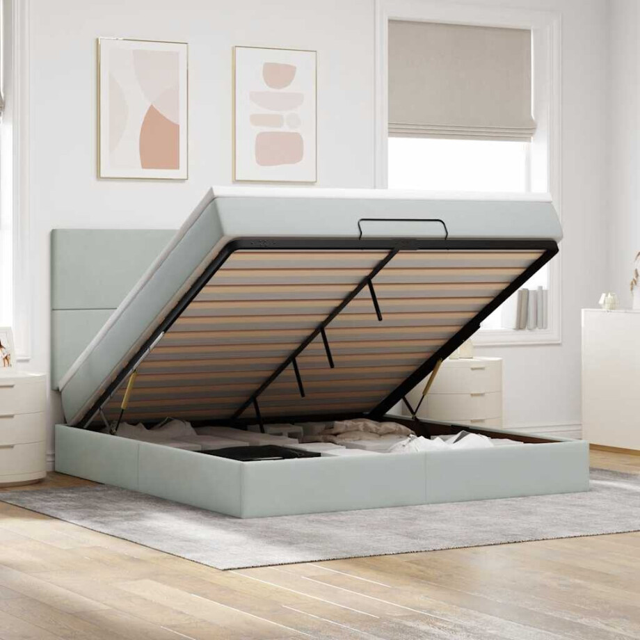 vidaXL Ottoman bed met matrassen en LED's 160x200cm fluweel lichtgrijs afbeelding 1