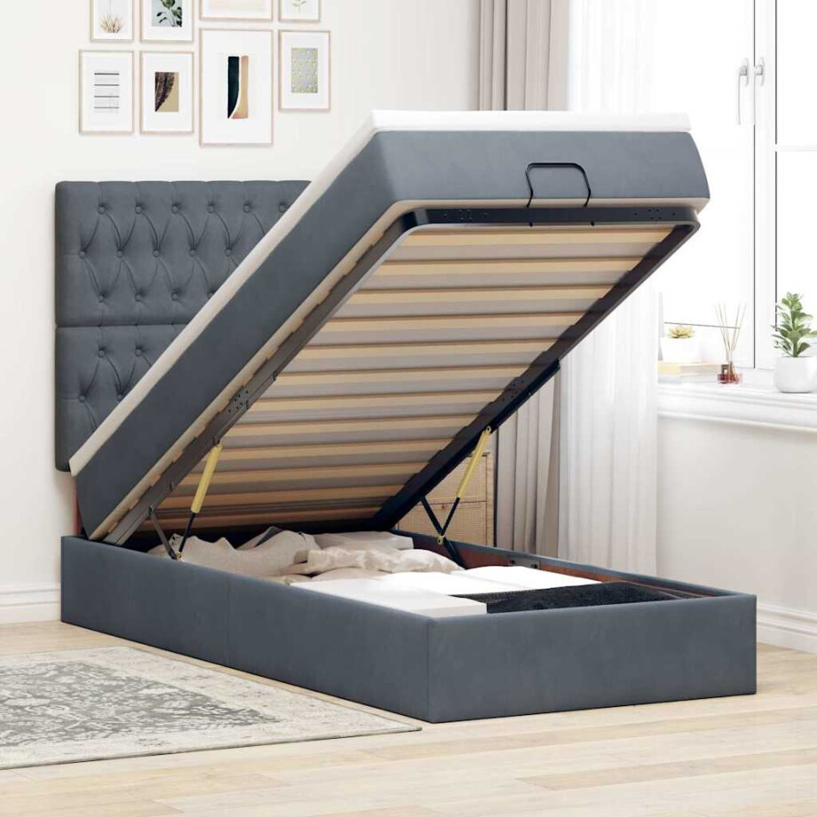 vidaXL Ottoman bed met matrassen en LED's 90x200cm fluweel donkergrijs afbeelding 1
