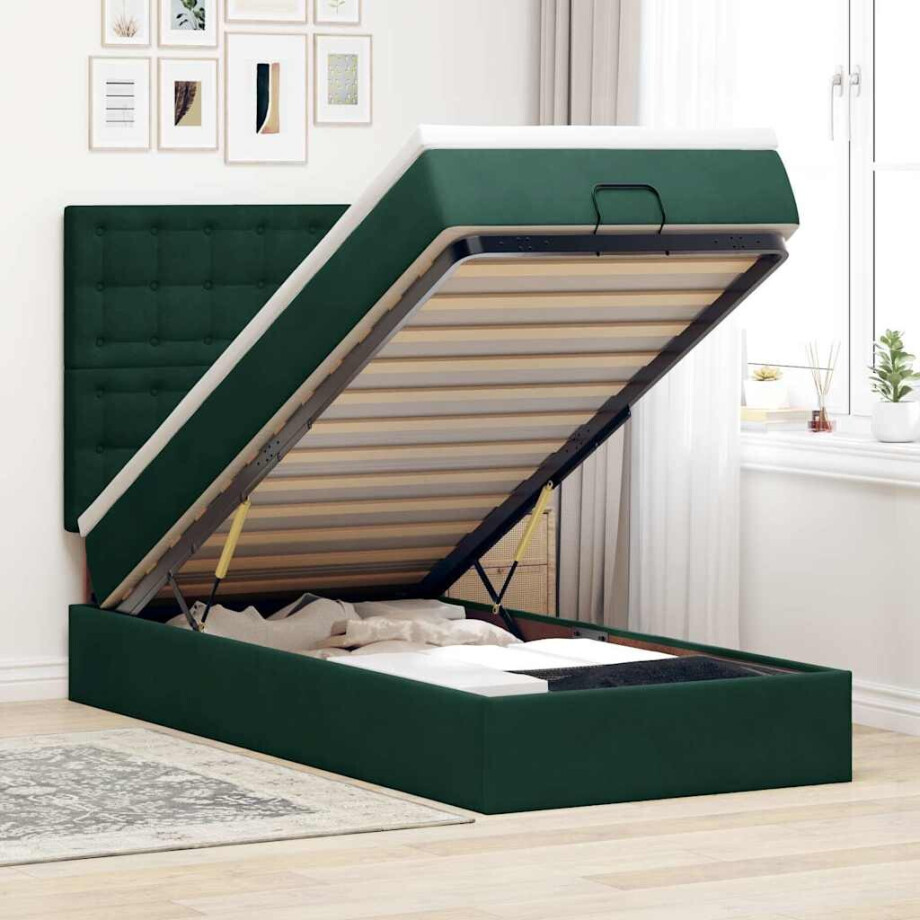 vidaXL Ottoman bed met matrassen en LED's 90x200cm fluweel donkergroen afbeelding 1