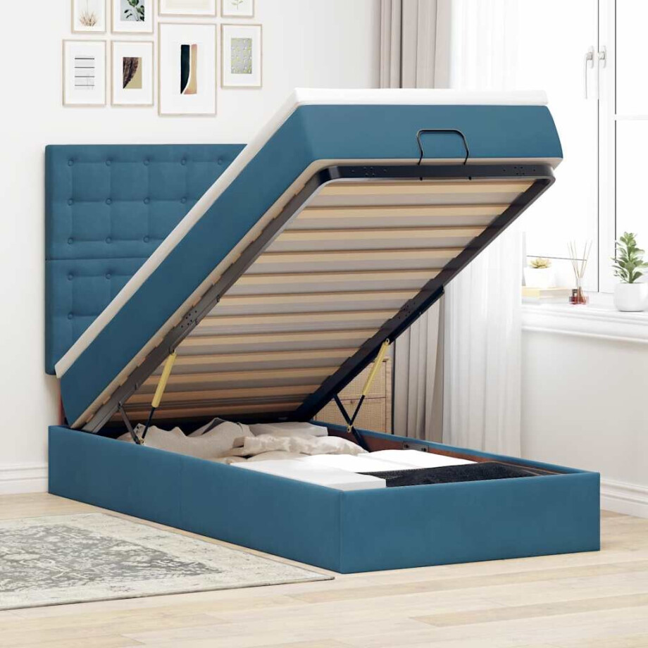 vidaXL Ottoman bed met matrassen en LED's 90x200cm fluweel donkerblauw afbeelding 1