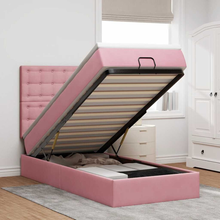 vidaXL Ottoman bed met matrassen en LED's 90x200cm fluweel roze afbeelding 1