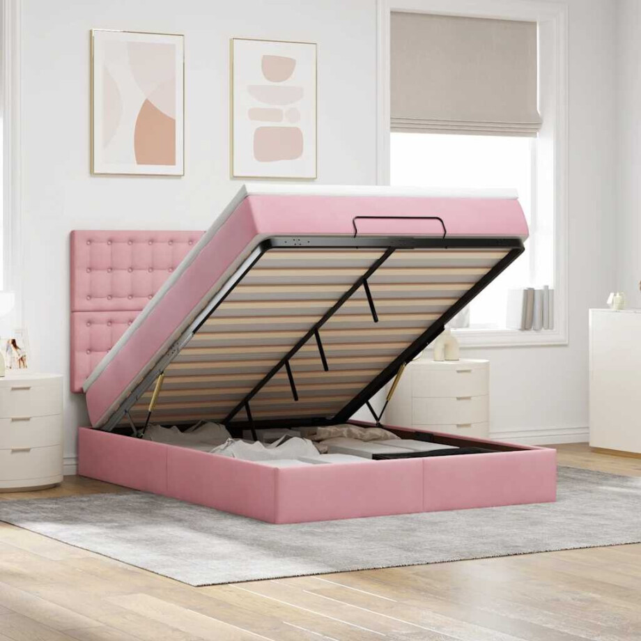 vidaXL Ottoman bed met matrassen en LED's 140x200cm fluweel roze afbeelding 1