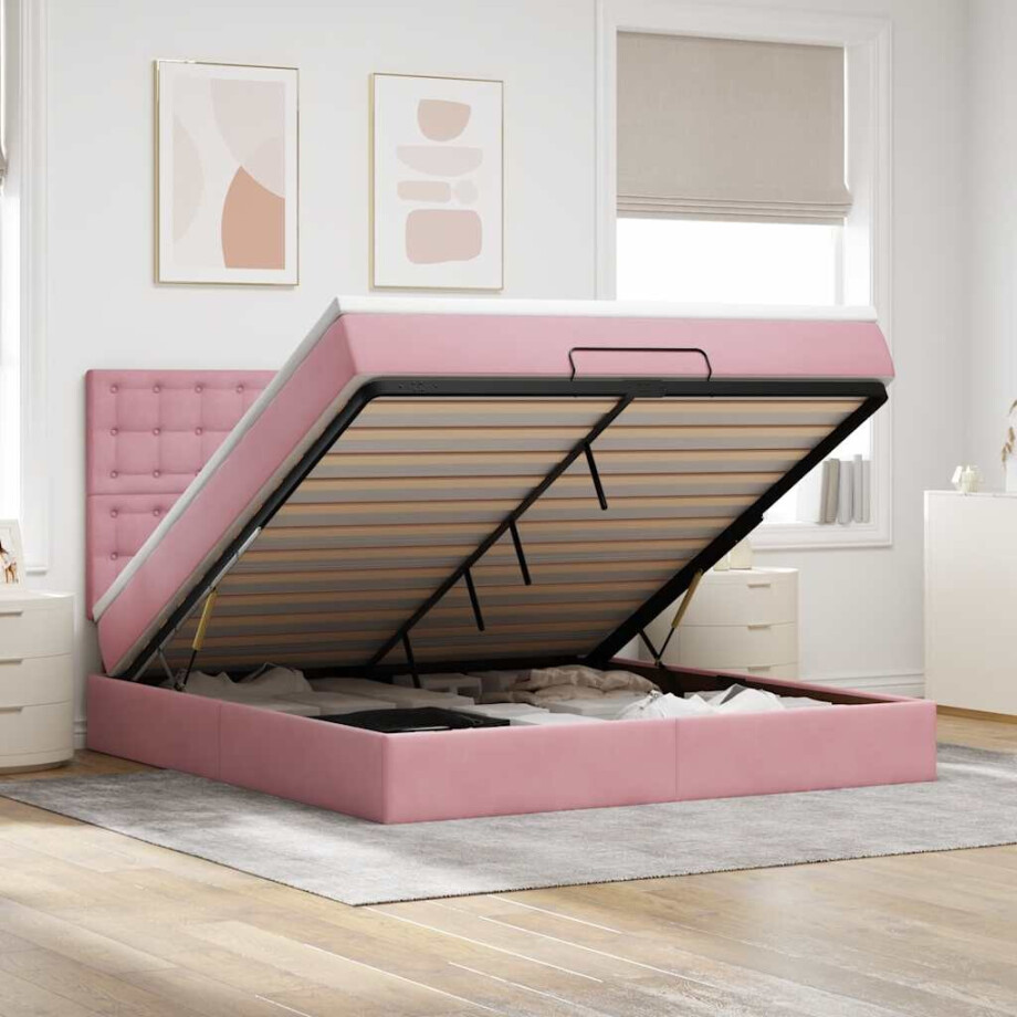 vidaXL Ottoman bed met matrassen en LED's 180x200cm fluweel roze afbeelding 1