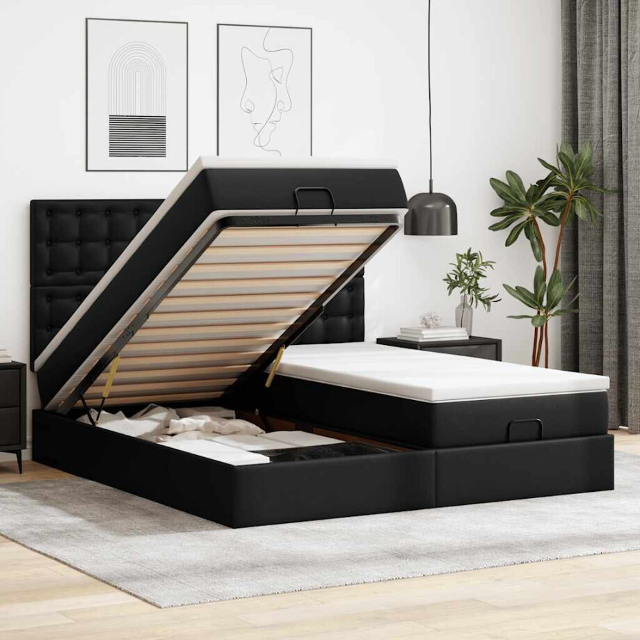 vidaXL Ottoman bed met matrassen en LED's 200x200cm kunstleer zwart vidaXL Ottoman bed met matrassen en LED's 200x200cm kunstleer zwart afbeelding 1