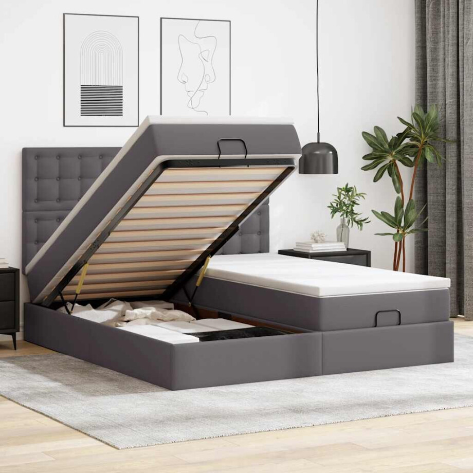vidaXL Ottoman bed met matrassen en LED's 200x200cm kunstleer grijs afbeelding 1