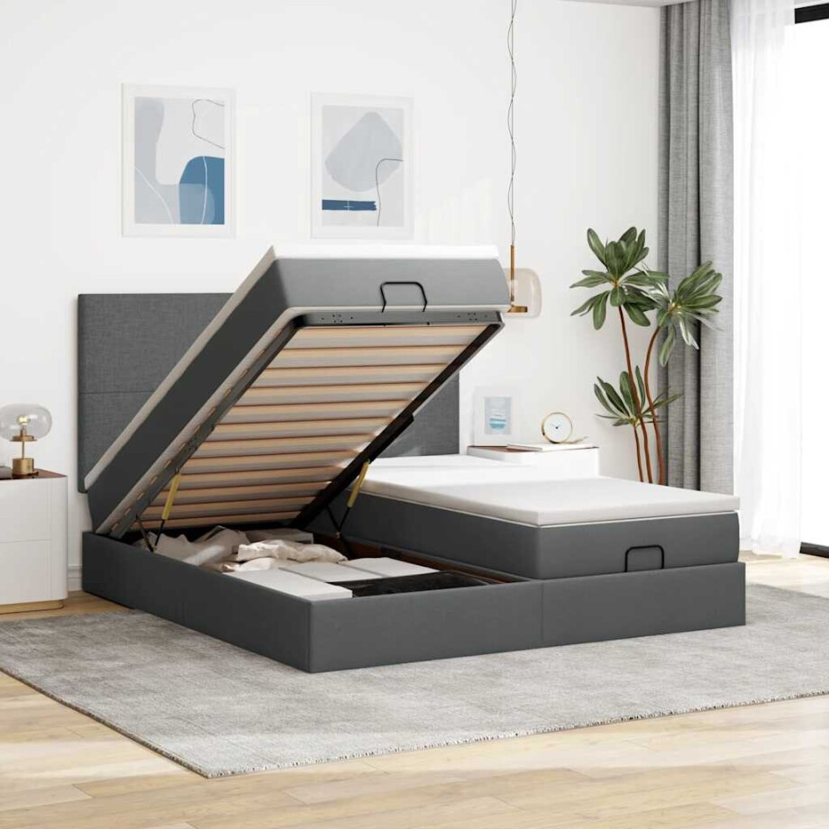 vidaXL Ottoman bed met matrassen en LED's 180x200cm stof donkergrijs vidaXL Ottoman bed met matrassen en LED's 180x200cm stof donkergrijs afbeelding 1