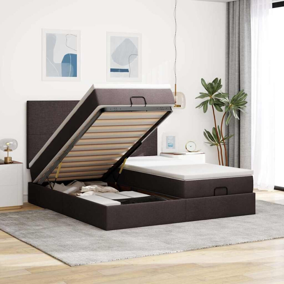 vidaXL Ottoman bed met matrassen en LED's 180x200cm stof donkerbruin afbeelding 1