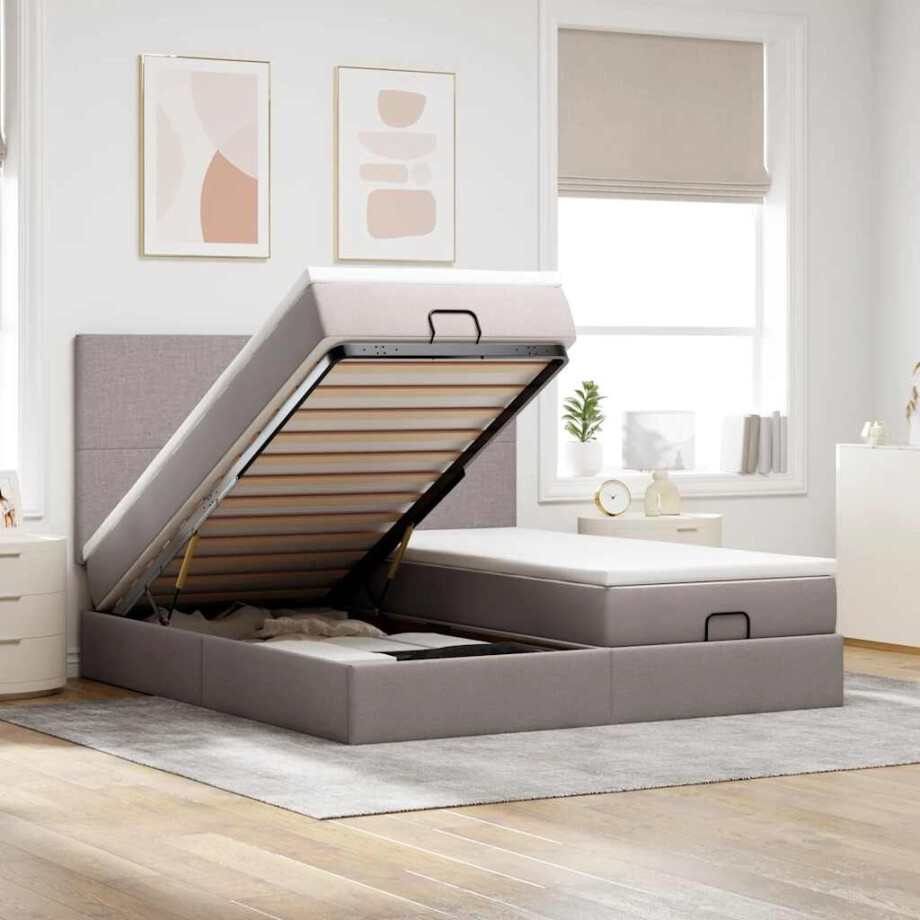 vidaXL Ottoman bed met matrassen en LED's 180x200cm stof taupe afbeelding 1