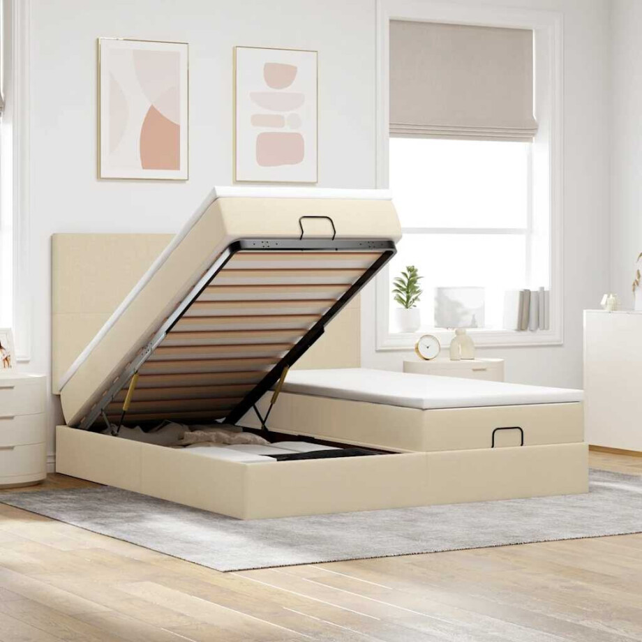 vidaXL Ottoman bed met matrassen en LED's 200x200cm stof crèmekleurig afbeelding 1