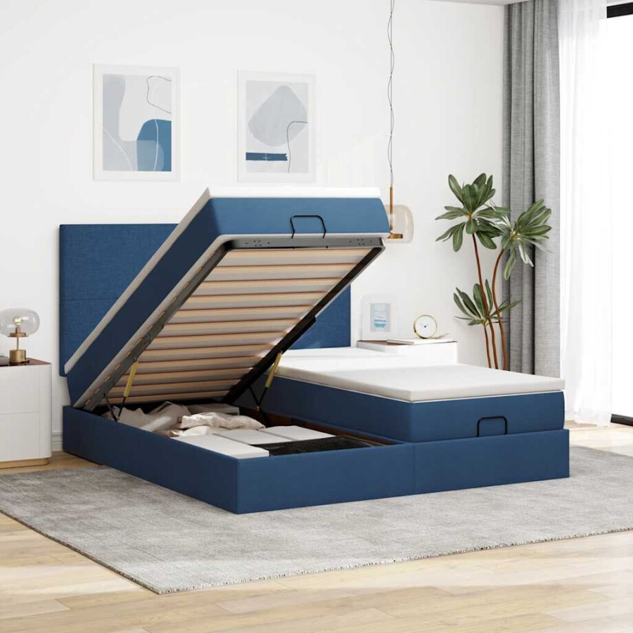 vidaXL Ottoman bed met matrassen en LED's 200x200cm stof blauw vidaXL Ottoman bed met matrassen en LED's 200x200cm stof blauw afbeelding 1