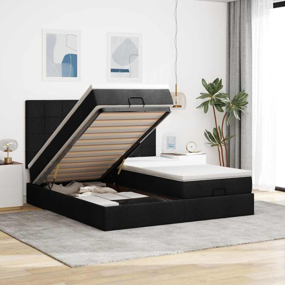 vidaXL Ottoman bed met matrassen en LED's 160x200cm stof zwart vidaXL Ottoman bed met matrassen en LED's 160x200cm stof zwart afbeelding 1