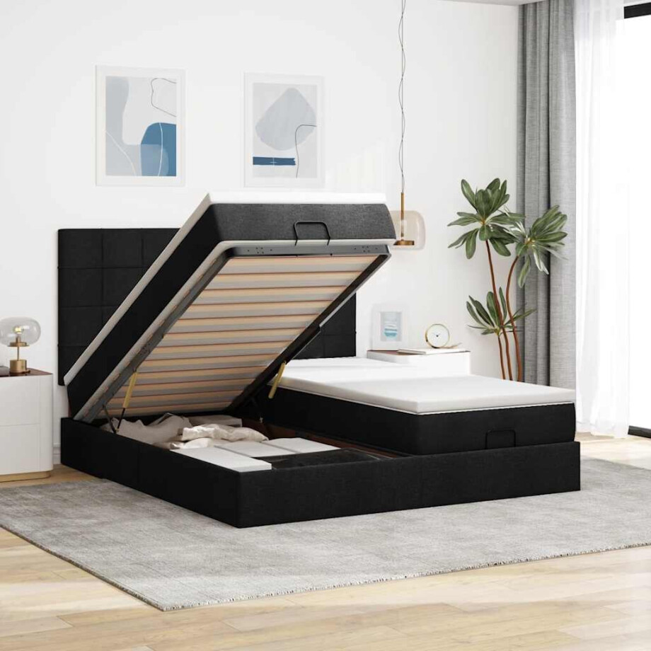 vidaXL Ottoman bed met matrassen en LED's 200x200cm stof zwart afbeelding 1