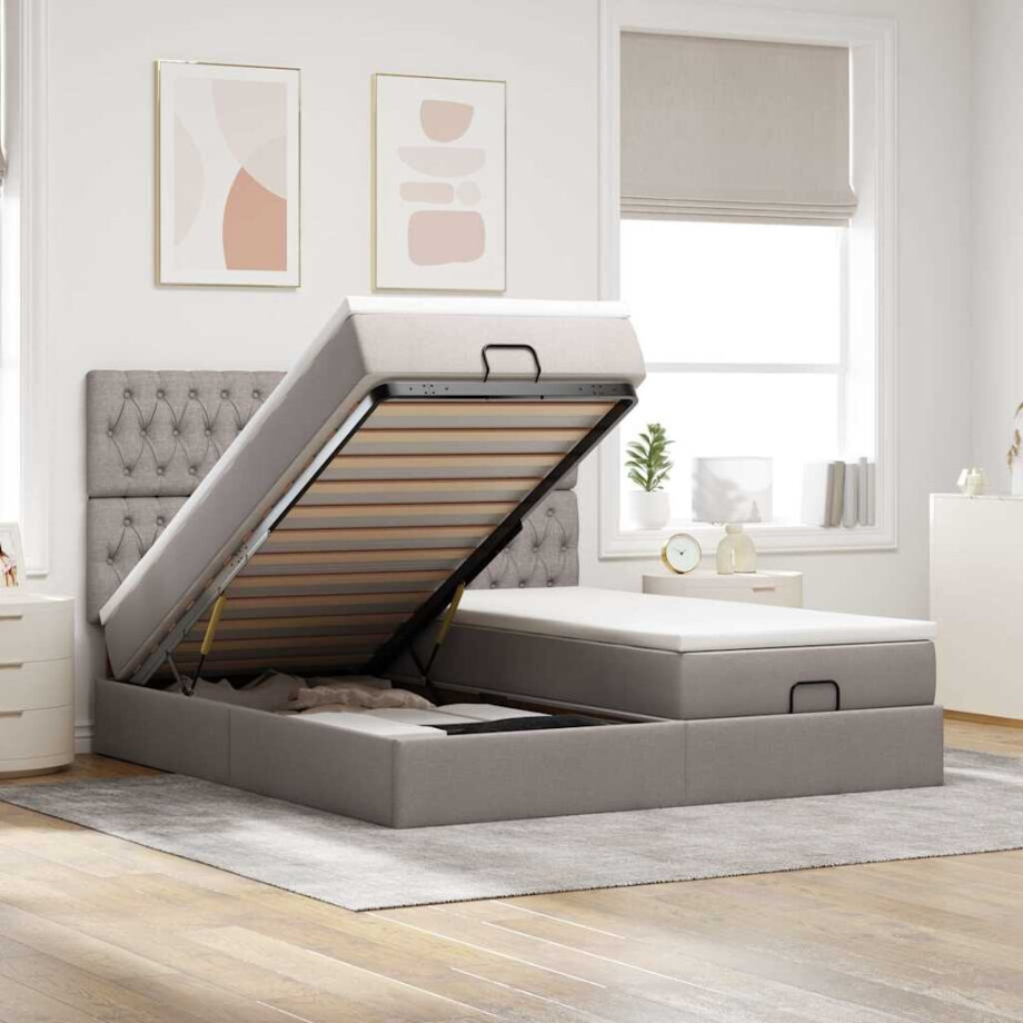vidaXL Ottoman bed met matrassen en LED's 180x200cm stof taupe afbeelding 1