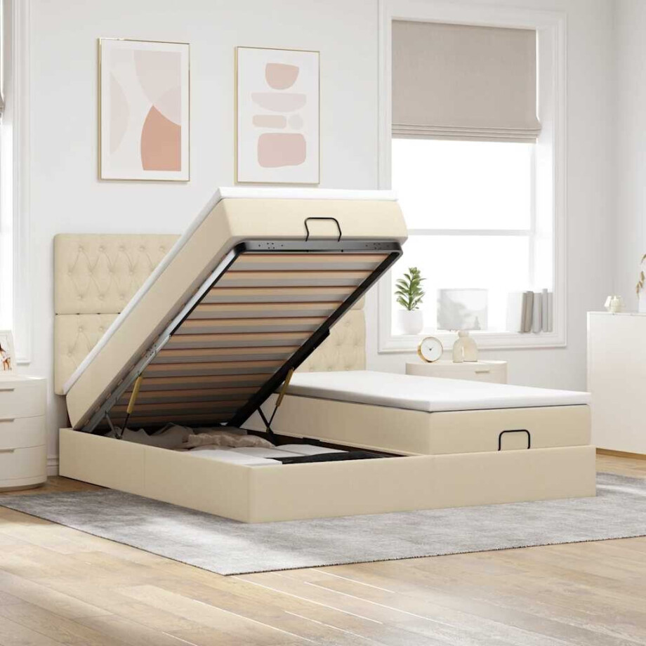 vidaXL Ottoman bed met matrassen en LED's 180x200cm stof crèmekleurig vidaXL Ottoman bed met matrassen en LED's 180x200cm stof crèmekleurig afbeelding 1