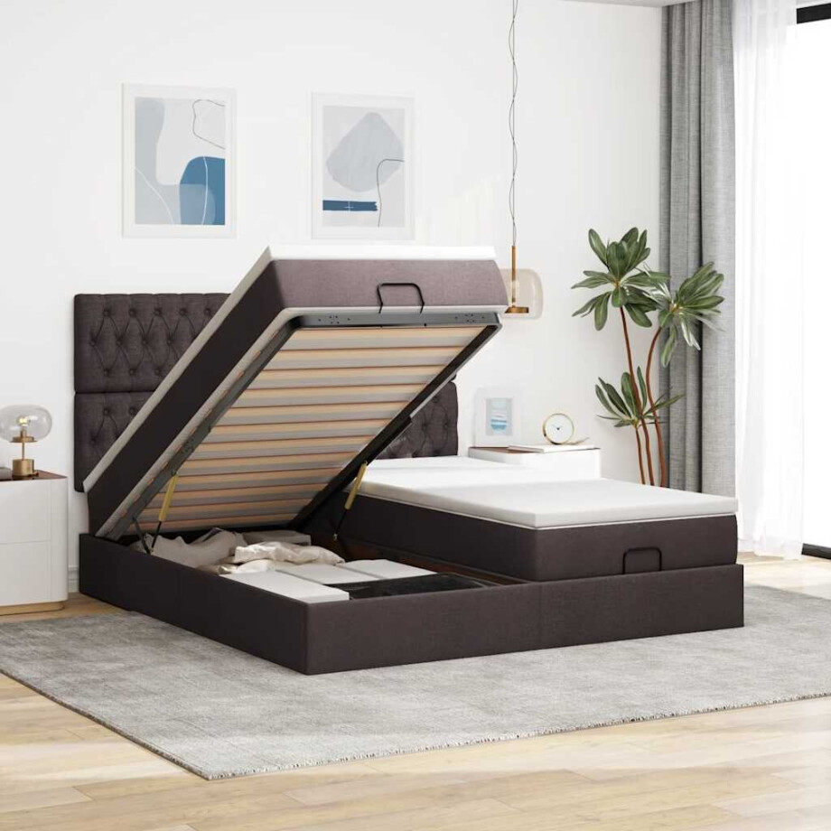 vidaXL Ottoman bed met matrassen en LED's 200x200cm stof donkerbruin afbeelding 1