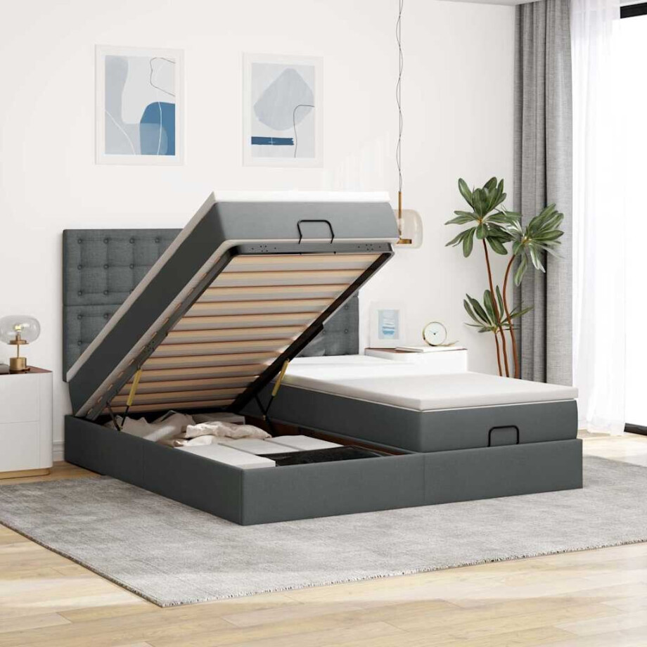 vidaXL Ottoman bed met matrassen en LED's 180x200cm stof donkergrijs afbeelding 1