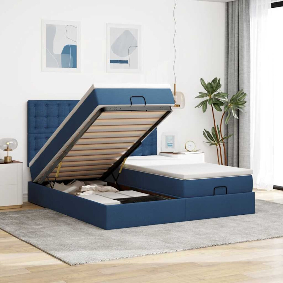 vidaXL Ottoman bed met matrassen en LED's 180x200cm stof blauw afbeelding 1