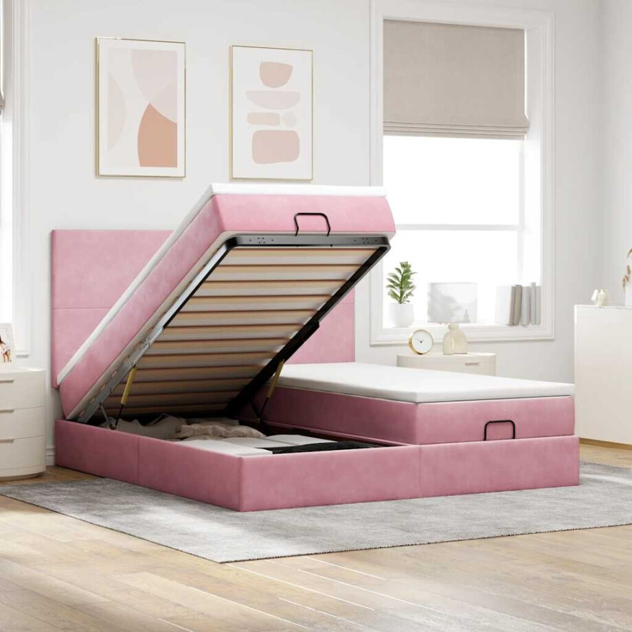 vidaXL Ottoman bed met matrassen en LED's 160x200cm fluweel roze afbeelding 1