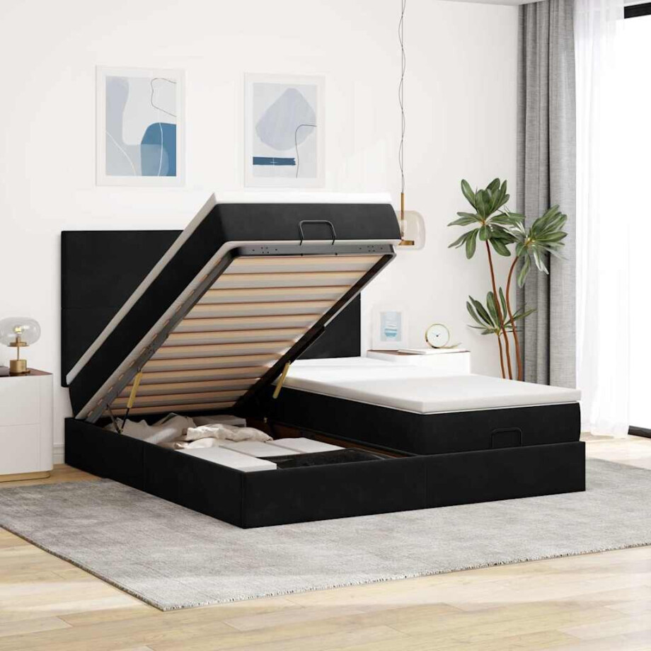vidaXL Ottoman bed met matrassen en LED's 180x200cm fluweel zwart vidaXL Ottoman bed met matrassen en LED's 180x200cm fluweel zwart afbeelding 1