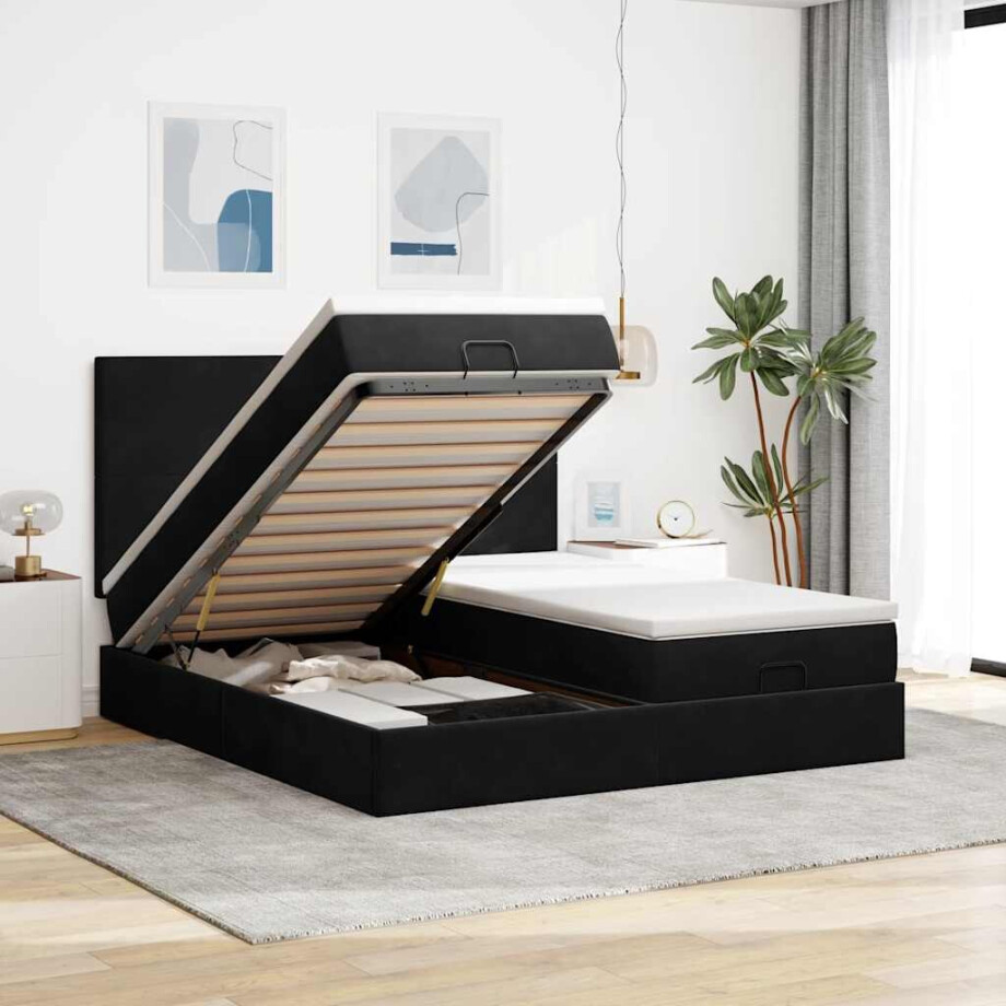 vidaXL Ottoman bed met matrassen en LED's 200x200cm fluweel zwart afbeelding 1