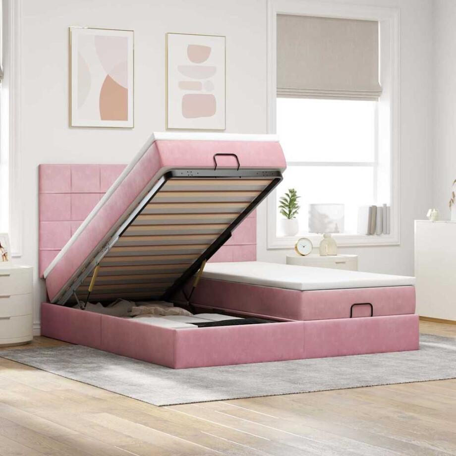 vidaXL Ottoman bed met matrassen en LED's 160x200cm fluweel roze afbeelding 1