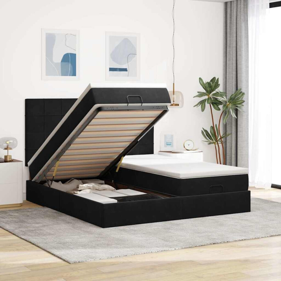 vidaXL Ottoman bed met matrassen en LED's 200x200cm fluweel zwart afbeelding 1