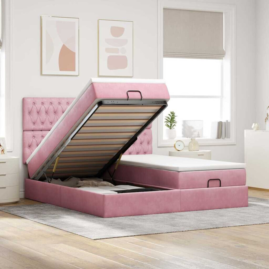 vidaXL Ottoman bed met matrassen en LED's 160x200cm fluweel roze afbeelding 1